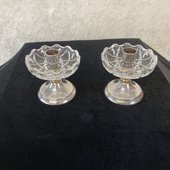 Crystal Clear Other - Pair Of Vintage Small Silver/Cut Crystal Taper Candle Holders